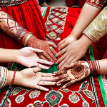 **A Turkmen wedding celebration:** Depict a vibrant Turkmen wedding ceremony, showcasing traditional attire, including red dresses and intricate henna patterns on the bride's hands and feet. Capture the atmosphere of familial warmth and celebration with women singing traditional songs.