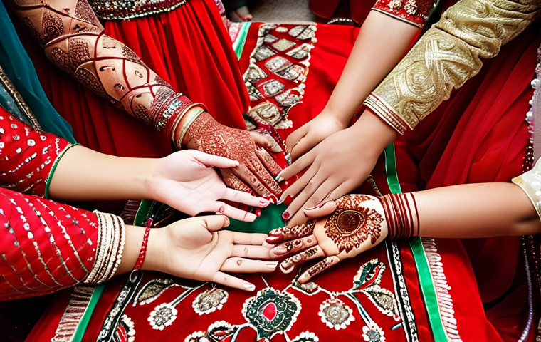 **A Turkmen wedding celebration:** Depict a vibrant Turkmen wedding ceremony, showcasing traditional attire, including red dresses and intricate henna patterns on the bride's hands and feet. Capture the atmosphere of familial warmth and celebration with women singing traditional songs.