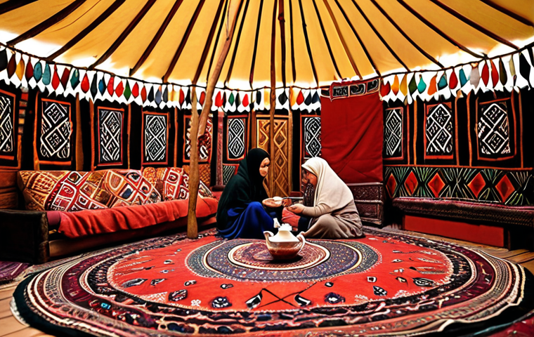 **Yurt Interior:** A warmly lit interior of a traditional Turkmen yurt (gara öý). Focus on intricate carpet patterns, colorful textiles, and family members sharing tea. Capture the sense of warmth, hospitality, and cultural heritage.