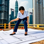 **

"A professional female architect, fully clothed in a modest pantsuit and sensible shoes, reviewing blueprints on a construction site in Kuala Lumpur, Malaysia. Skyscrapers are visible in the background. Safe for work, appropriate content, perfect anatomy, natural pose, well-formed hands, professional, family-friendly, high-quality rendering."

**