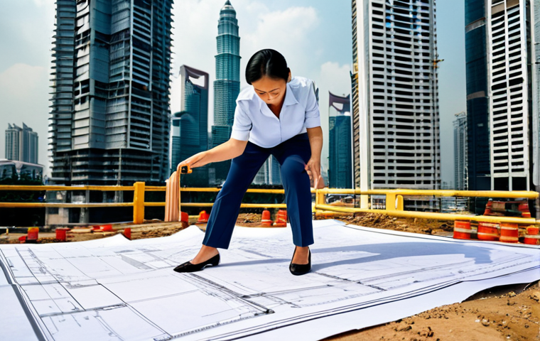 **
"A professional female architect, fully clothed in a modest pantsuit and sensible shoes, reviewing blueprints on a construction site in Kuala Lumpur, Malaysia. Skyscrapers are visible in the background. Safe for work, appropriate content, perfect anatomy, natural pose, well-formed hands, professional, family-friendly, high-quality rendering."
**