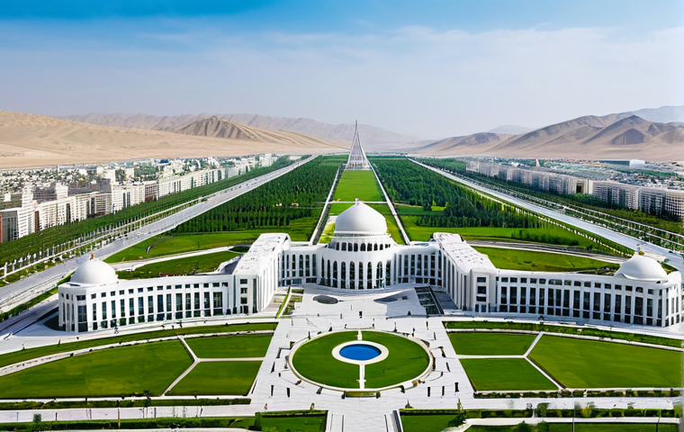 **
"A wide, panoramic shot of Ashgabat, the 'White Marble City', Turkmenistan, during the daytime. Show modern architecture gleaming in the sun, with parks and green spaces visible. In the background, rolling hills or desert landscape. The image should convey a sense of modern elegance and peacefulness. Fully clothed people are strolling through the parks. Safe for work, appropriate content, professional architecture photography, perfect anatomy, natural proportions, family-friendly."
**